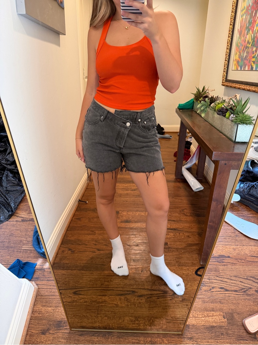 High rise asymmetric jean shorts